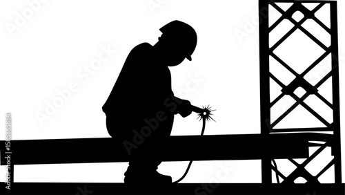Silhouette of a welder working on a metal structure with sparks flying and a tower in the background