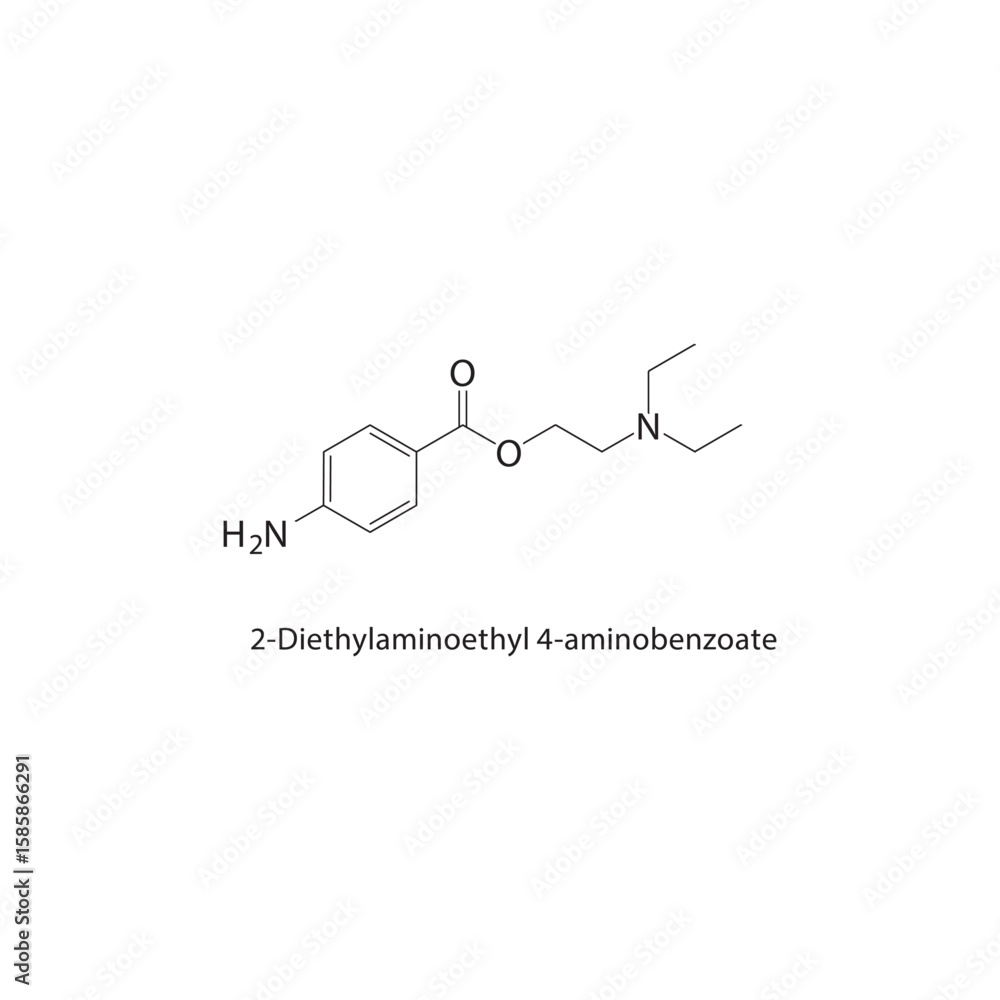 Obraz premium 2-Diethylaminoethyl 4-aminobenzoate skeletal structure. ester drug compound schematic illustration. Simple diagram, chemical formula.
