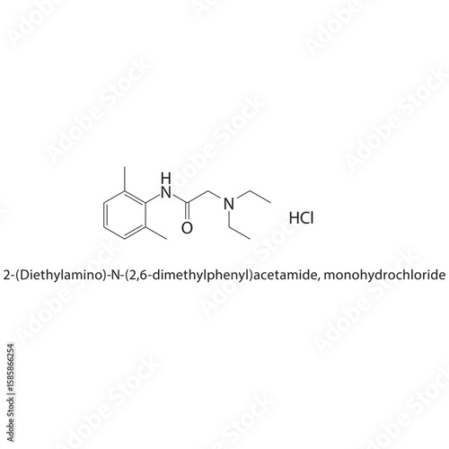 2-(Diethylamino)-N-(2,6-dimethylphenyl)acetamide, monohydrochloride skeletal structure. anesthetic salt compound schematic illustration. Simple diagram, chemical formula.