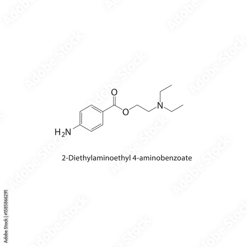 2-Diethylaminoethyl 4-aminobenzoate skeletal structure. ester drug compound schematic illustration. Simple diagram, chemical formula.