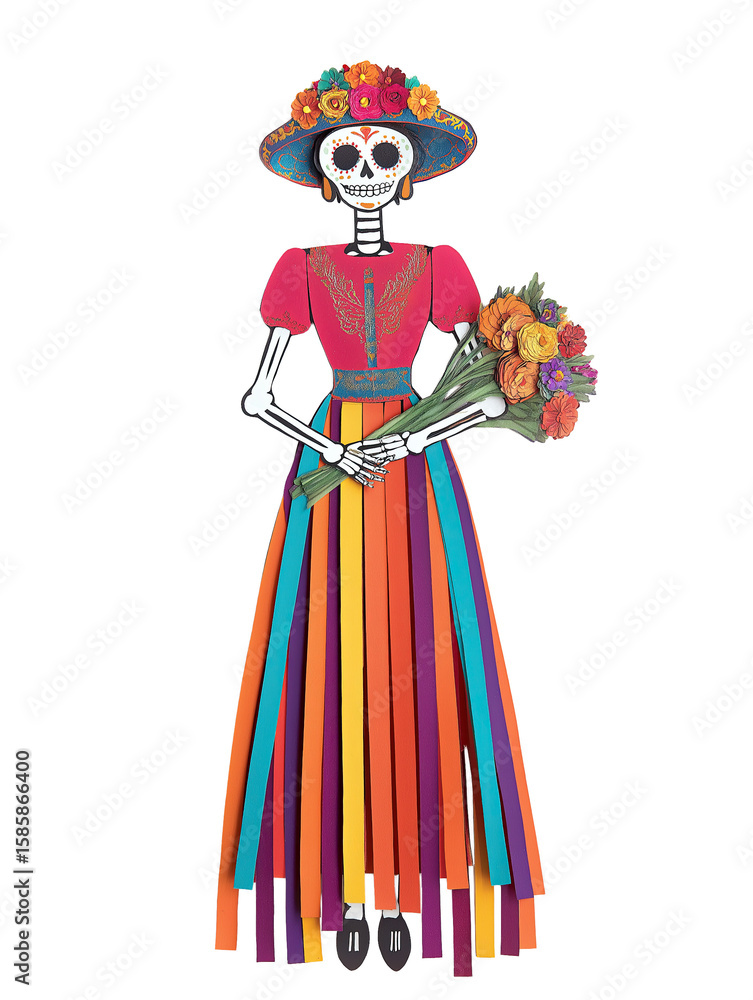 Obraz premium Dia de los Muertos skeleton paper doll with hat, dress and holding flowers, isolated on white or transparent background