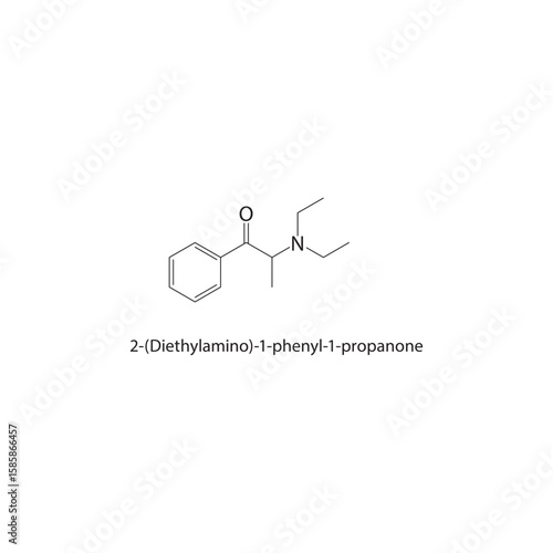 2-(Diethylamino)-1-phenyl-1-propanone skeletal structure. ketone amine compound schematic illustration. Simple diagram, chemical formula.