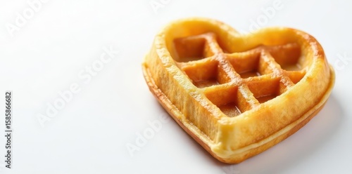 Golden brown Belgian waffle, heart-shaped, crisp texture, white background, snack, flat lay