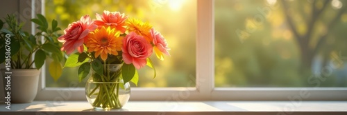 Sunlight illuminates vibrant blooms in a vase, a cheerful morning scene , red, sunrise