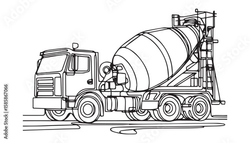 Continuous one single minimal line drawing mixer truck