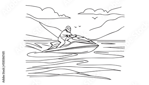 Continuous one single minimal line drawing watercraft