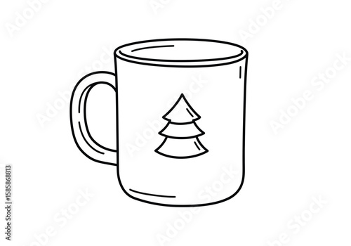 Christmas mug drawing. Black and white outline of a festive mug adorned with a Christmas tree design, perfect for holiday drinks. Vector sketch line art draw.