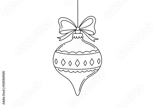 Christmas ornament drawing. Black and white outline of a hanging Christmas ornament decorated with a bow and patterns. Vector sketch line art draw.
