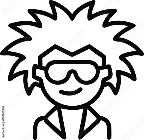Outlined crazy hair scientist with glasses, outline icon character vector