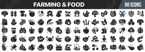 Farming and food icon set. Agriculture, harvest, fruits, vegetables, farming tools and food production symbols. Vector illustration