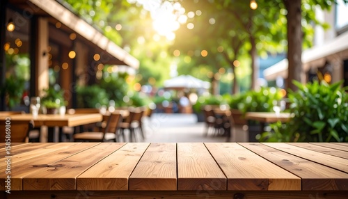 Empty wooden table outdoors, blurred city cafe