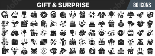 Gift and surprise icon set. Presents, celebration, party, event, shopping, holiday and birthday symbols. Vector illustration