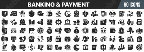 Banking and payment icon set. Financial operations, online banking, money transfer. Credit cards, loans, investments. Vector illustration