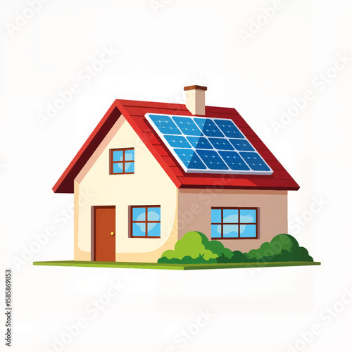 Solar panel-equipped house with red roof and green bushes  