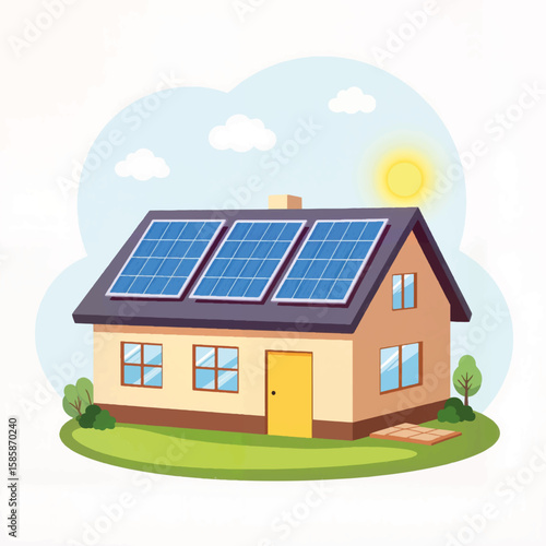 Solar-powered house with solar panels in a sunny outdoor setting  