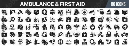 Ambulance and first aid icon set. Medical emergency, healthcare service. Rescue, ambulance, first aid kit. Vector illustration