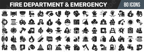 Fire department and emergency icon set. Firefighters, rescue tools, emergency call. Fire hydrants, alarms, evacuation plans. Vector illustration