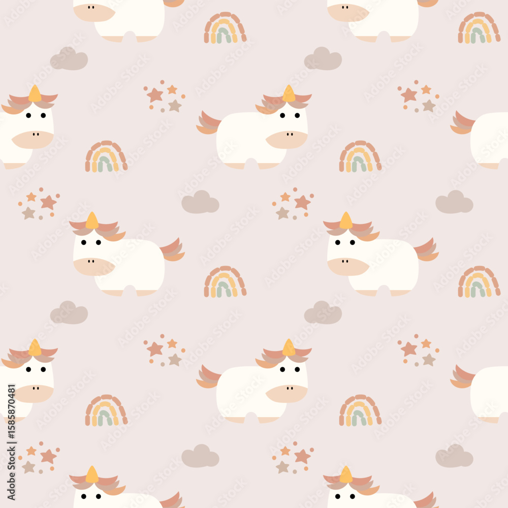 Fototapeta Unicorn cartoon so cute. On cloud rainbow star background. Pattern seamless vector illustration. 