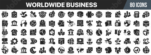 Worldwide business icon set. Global trade, finance, networking. Logistics, shipping, investments. Vector illustration