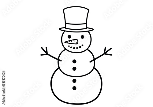 Christmas snowman drawing. Black and white outline of a cheerful snowman wearing a top hat, a classic winter and holiday figure. Vector sketch line art draw.