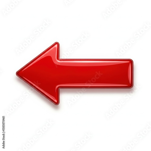 A shiny red arrow pointing left on a white background with a subtle shadow underneath the arrow shape