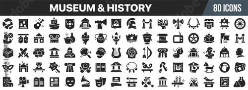 Museum and history icon set. Ancient artifacts, cultural heritage. Archaeology, exhibition, historic objects. Vector illustration