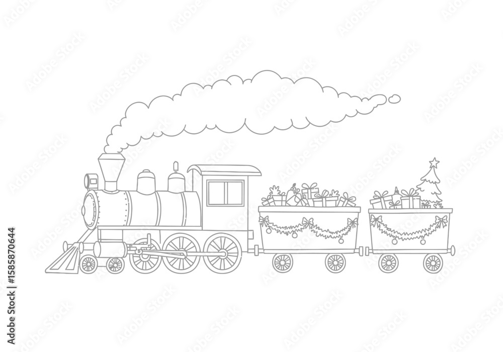 Naklejka premium Christmas train drawing. Black and white outline of a festive steam train carrying Christmas gifts and a small tree. Vector sketch line art draw.