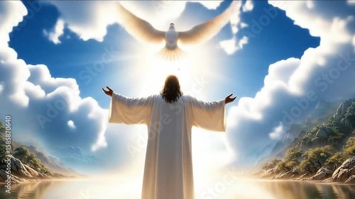 Heaven was opened as Jesus was baptized in Jordan river  and he saw the spirit of God descending like a dove. Biblical scene concept.