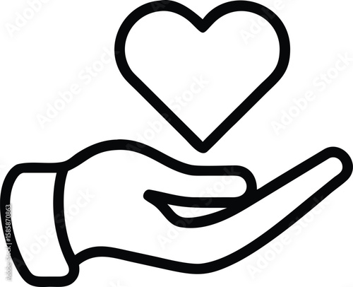 Outlined heart above hand vector, love and care gesture icon symbol