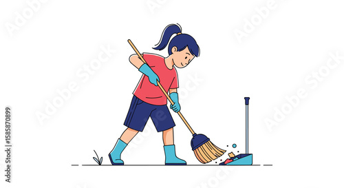 A young girl diligently sweeps dust and debris into a dustpan with a broom wearing blue rubber boots and gloves