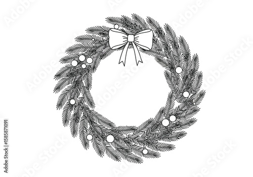 Christmas wreath drawing. Black and white outline of a traditional Christmas wreath adorned with a bow and small ornaments. Vector sketch line art draw.