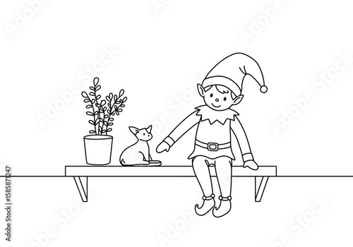 Elf on shelf drawing. Black and white outline of a Christmas elf sitting on a shelf with a cat and a plant. Vector sketch line art draw.