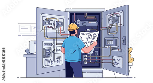 Skilled technician inspecting complex electrical panel and wiring diagrams during routine maintenance and system diagnostics