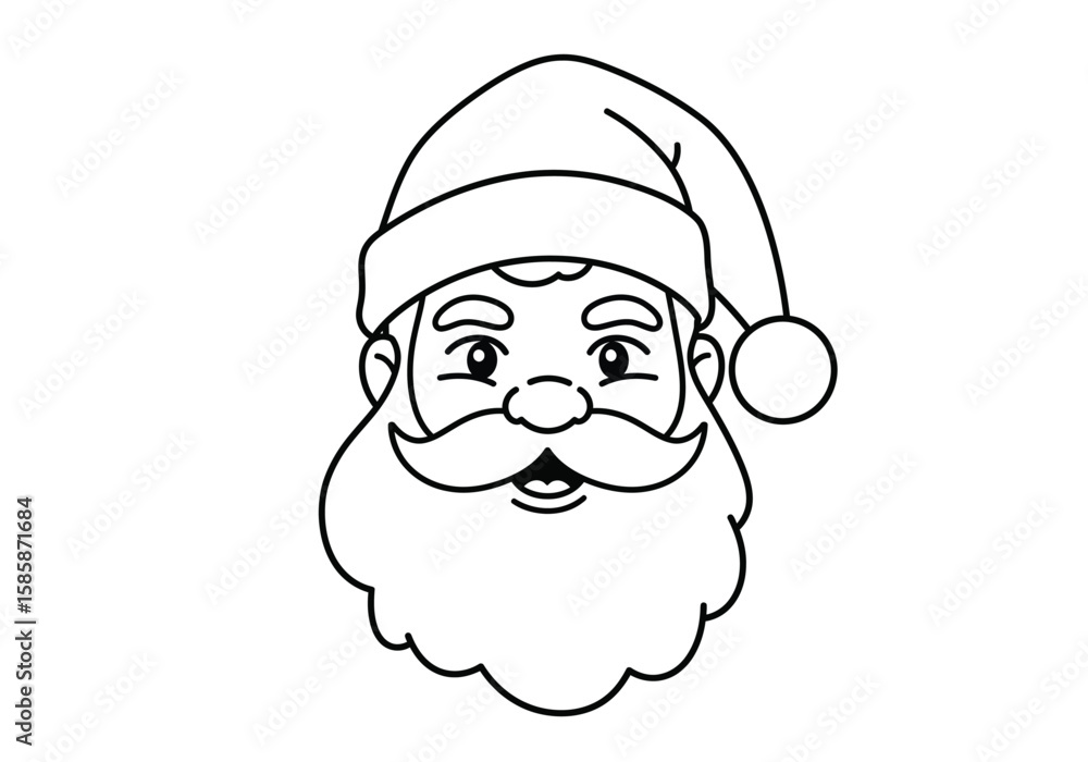 Obraz premium Santa Claus face drawing. Black and white outline of Santa Claus's cheerful face with his iconic beard, mustache, and hat. Vector sketch line art draw.