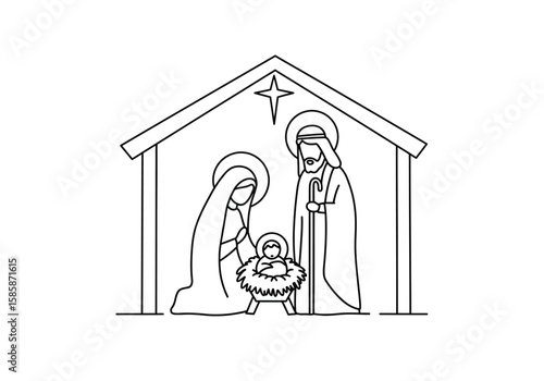 Nativity drawing. Black and white outline of the Nativity scene, depicting Mary, Joseph, and baby Jesus in a manger under a star. Vector sketch line art draw.
