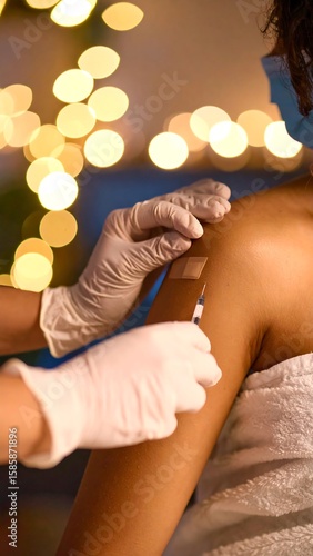 Wallpaper Mural Close-up of a vaccination.  Gloved hands administer a shot in the upper arm, covered with a bandage.  Bokeh lights in the background Torontodigital.ca