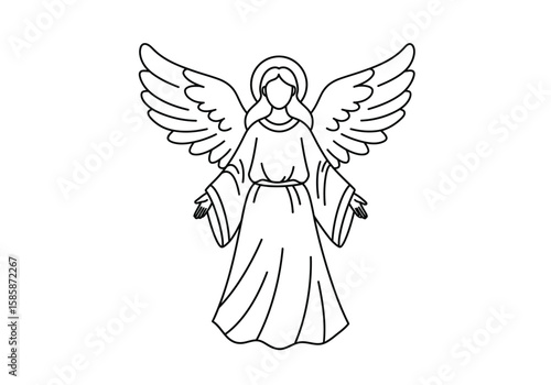 Christmas angel drawing. Black and white outline of a Christmas angel with wings and halo, a heavenly symbol of peace and grace. Vector sketch line art draw.