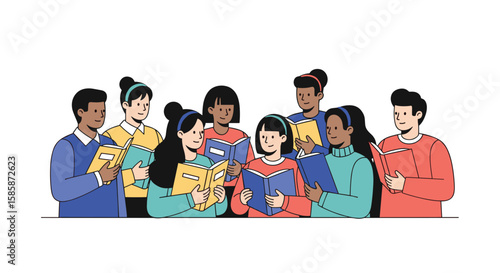 A diverse group of young people enjoying reading together in a community gathering