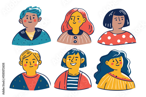 Collection of Faces Illustration: A vibrant collection of diverse facial expressions, featuring a variety of hair styles, skin tones, and joyful smiles.