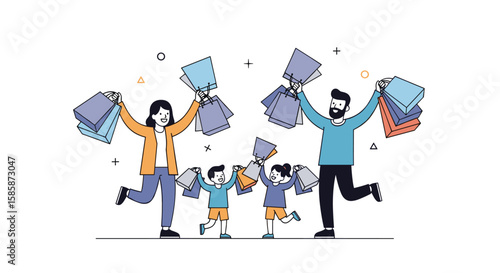 Excited family celebrating successful shopping trip together enjoying their purchases with bags raised high