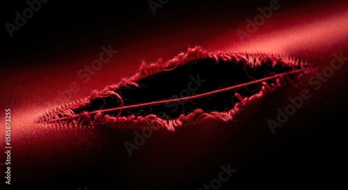 Dramatic close-up of a torn hole in red fabric, a single thread stretched taut across the dark void within