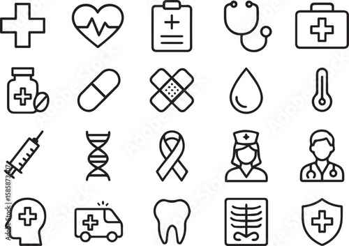 Medical Icons Set: A comprehensive collection of line icons related to healthcare, medicine, and medical services. Perfect for websites, apps, and presentations.
