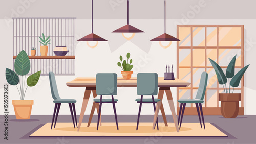 Minimalist dining room with wooden table, four chairs, pendant lighting, and neutral tones, isolated on white background. Stylish interior design. Vector illustration