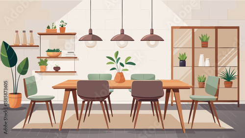Minimalist dining room with wooden table, four chairs, pendant lighting, and neutral tones, isolated on white background. Stylish interior design. Vector illustration