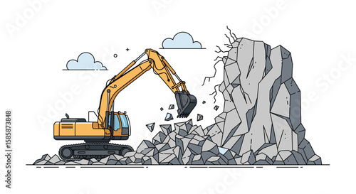 Heavy excavator machine engaged in demolition work breaking down a large rock formation