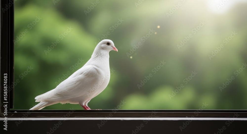 A serene white dove, a symbol of peace and hope, perching on a windowsill with a beautiful green bokeh background and warm sunlight. A serene white dove, a symbol of peace and hope, perching on a windowsill with a beautiful green bokeh background and warm sunlight.