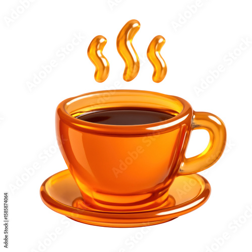 3D Translucent Icon Style Coffee Cup Filled With Steaming Dark Liquid On Transparent Background