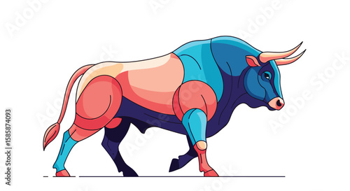 Powerful muscular bull charging forward with determined stride and fierce expression illustration