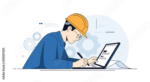 Skilled engineer focusing on digital tablet designing mechanical components and writing notes during a project development phase