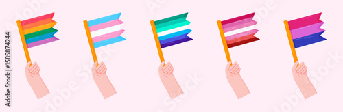 Set of hands holding different LGBTQ+ flags. Perfect for Pride Month, equality design, activism posters, stickers, and social media.